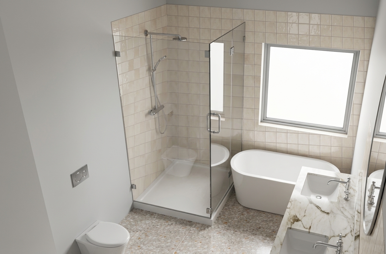 Soft Terrazzo Bath Retreat — Shower View