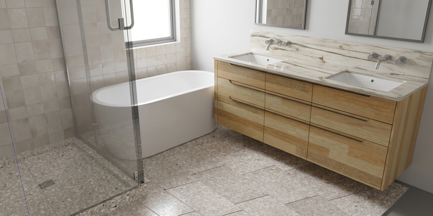 Soft Terrazzo Bath Retreat — Vanity View