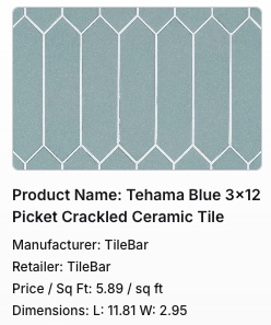 Tehama Blue 3x12 Picket Crackled Ceramic Tile texture